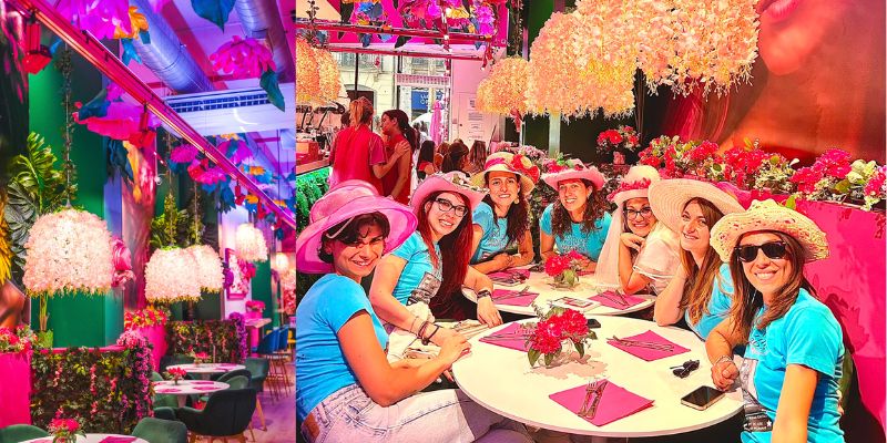Decoración rosa y diseño interior del restaurante de brunch en el Eixample Barcelona, perfecto para eventos y comidas de grupo.